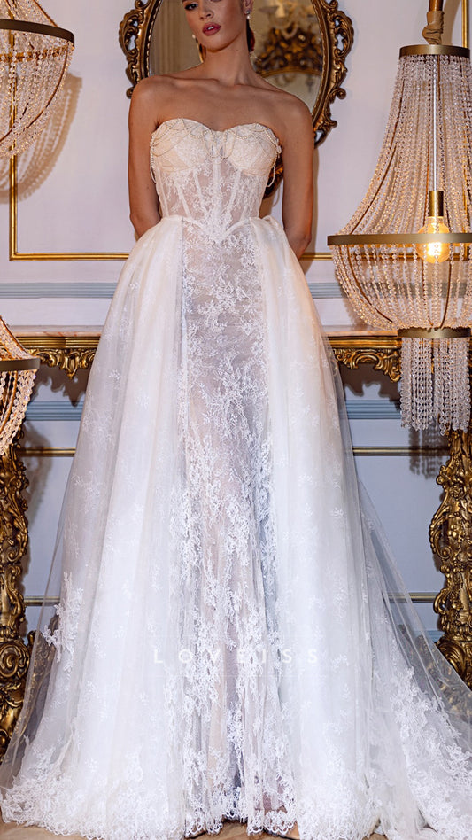 Sweetheart Detachable Train Mermaid Lace Appliques Wedding Dress
