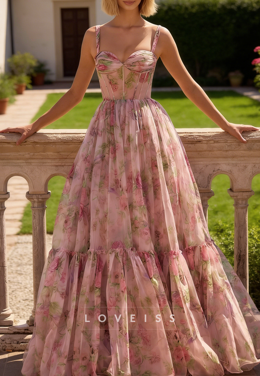 Sweetheart Floraal Printed A-Line Tulle Prom Dress