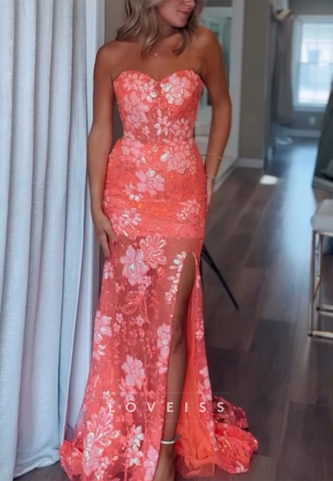 Sweetheart Floral Apliques Sparkly Sheath Prom Dress