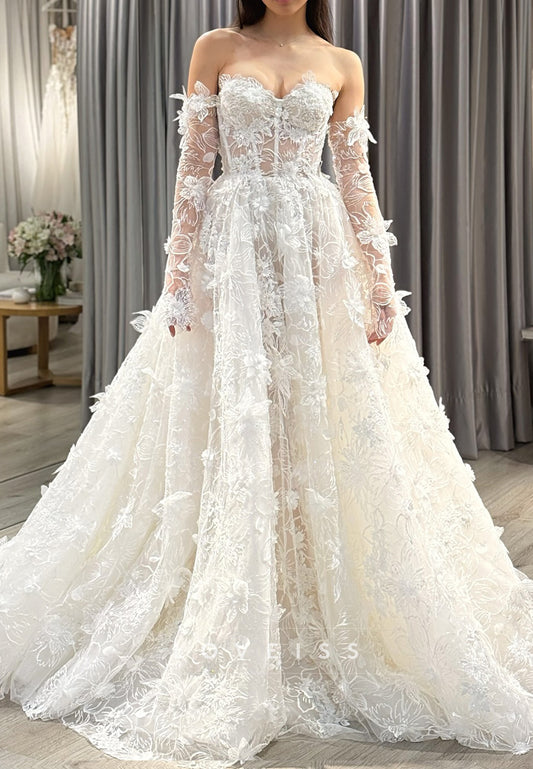 Sweetheart Floral Embellished A-Line Wedding Dress with Gloves