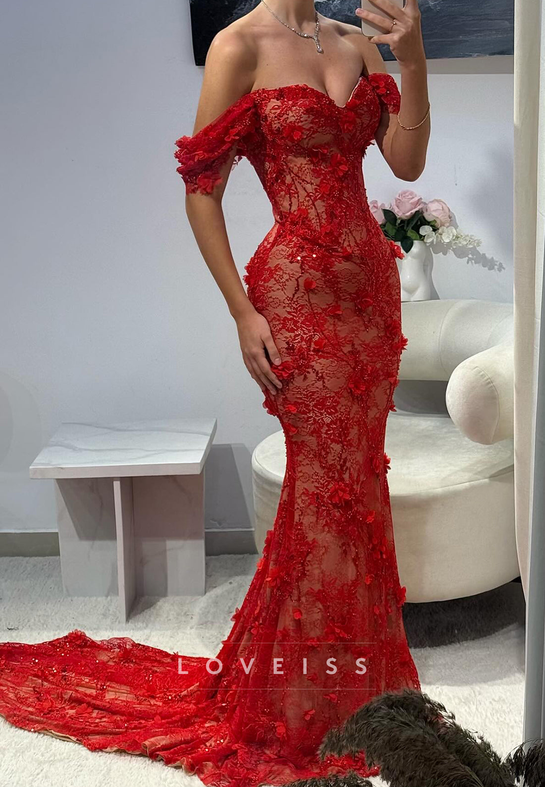 Sweetheart Floral Embellished Lace Appliques Mermaid Prom Dress