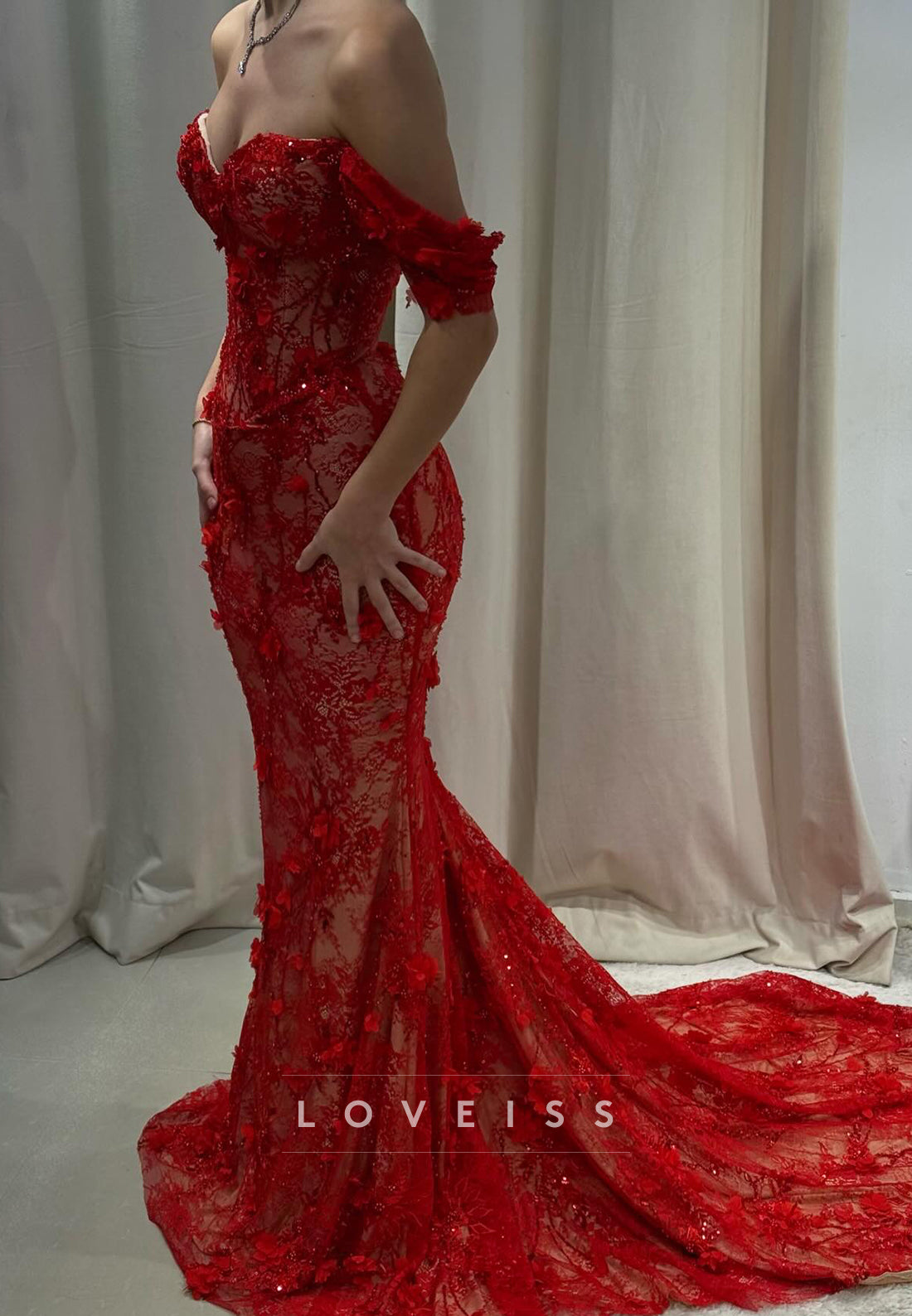 Sweetheart Floral Embellished Lace Appliques Mermaid Prom Dress