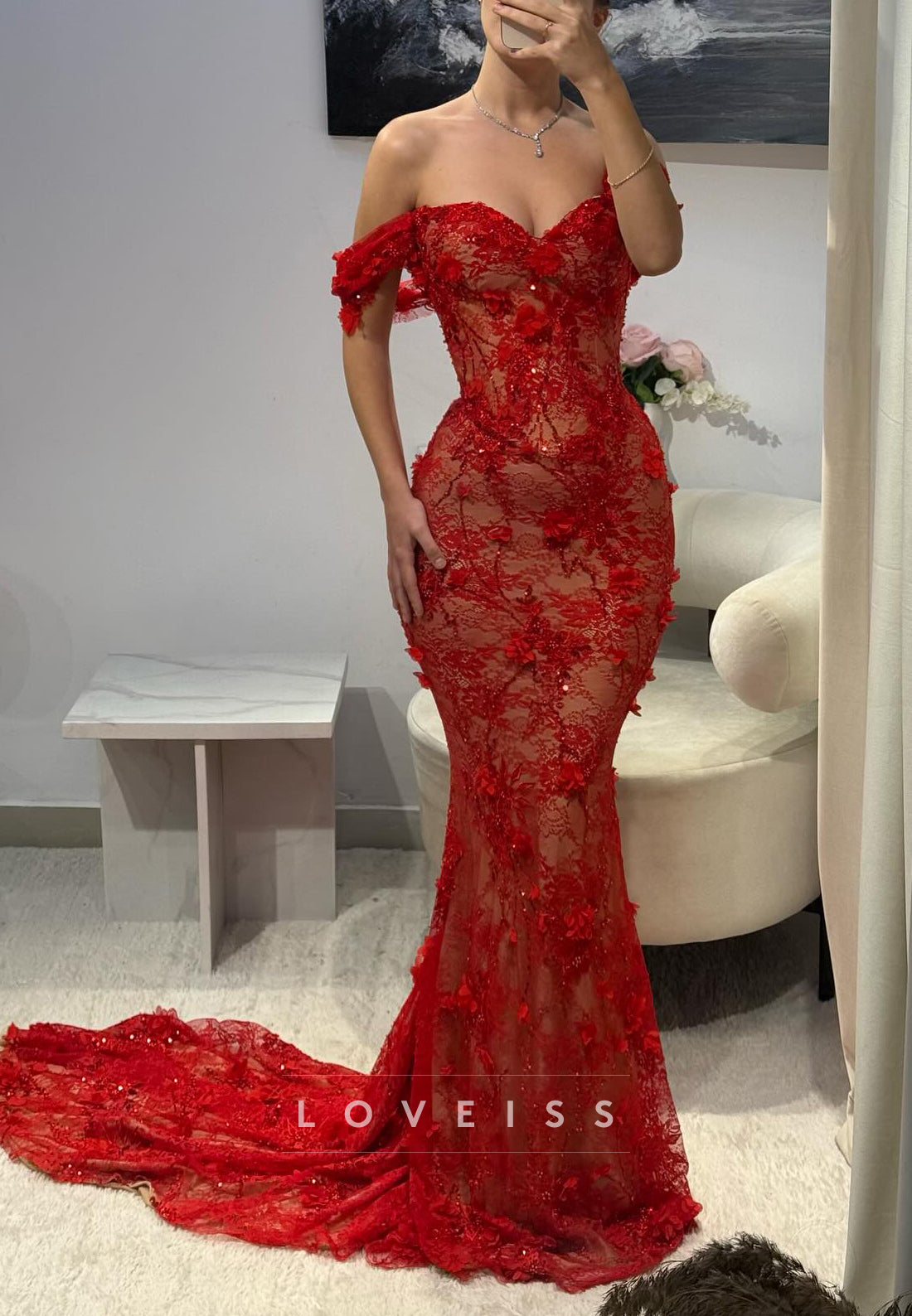 Sweetheart Floral Embellished Lace Appliques Mermaid Prom Dress