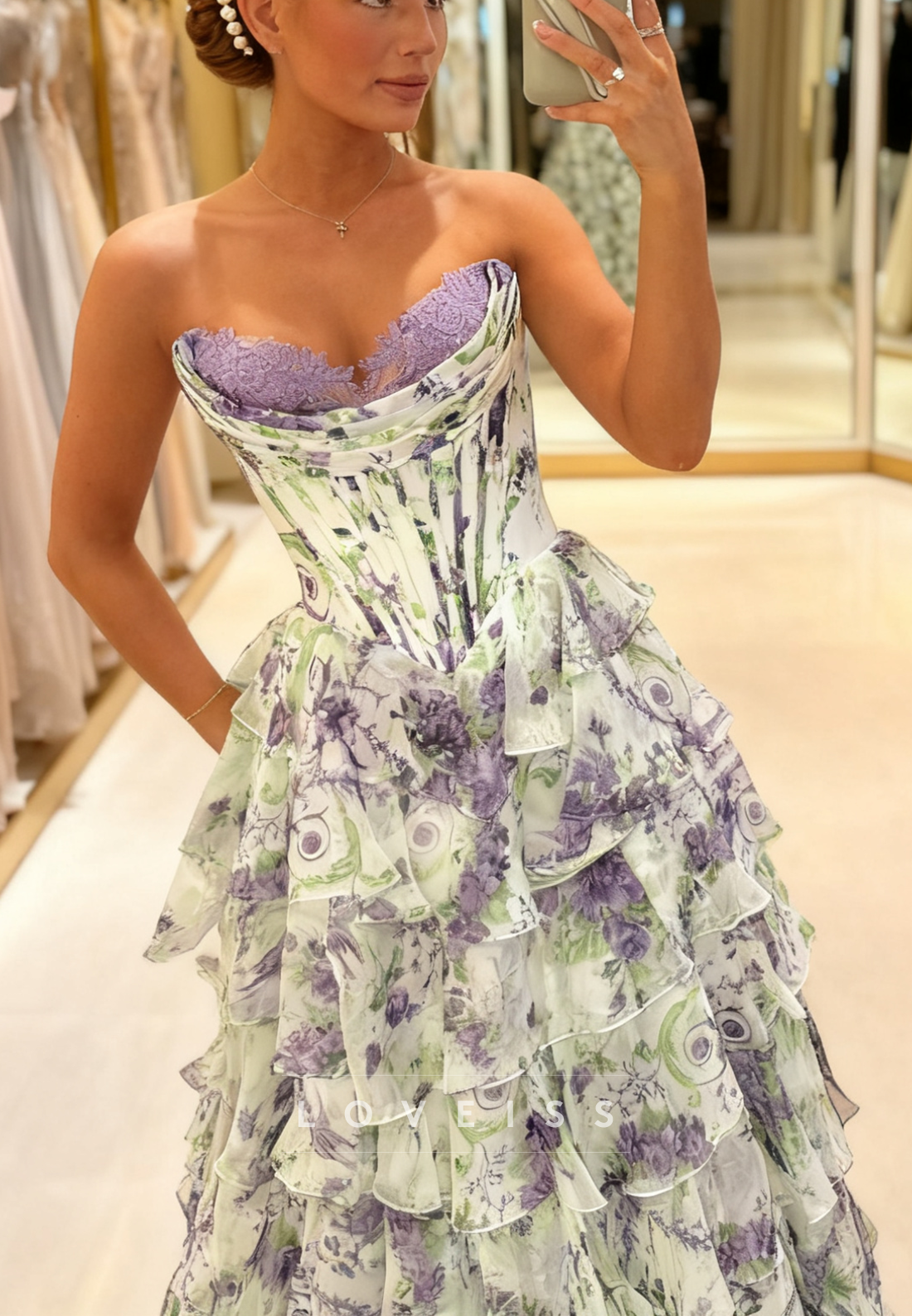 Sweetheart Floral Printed Appliques Chiffon Prom Dress