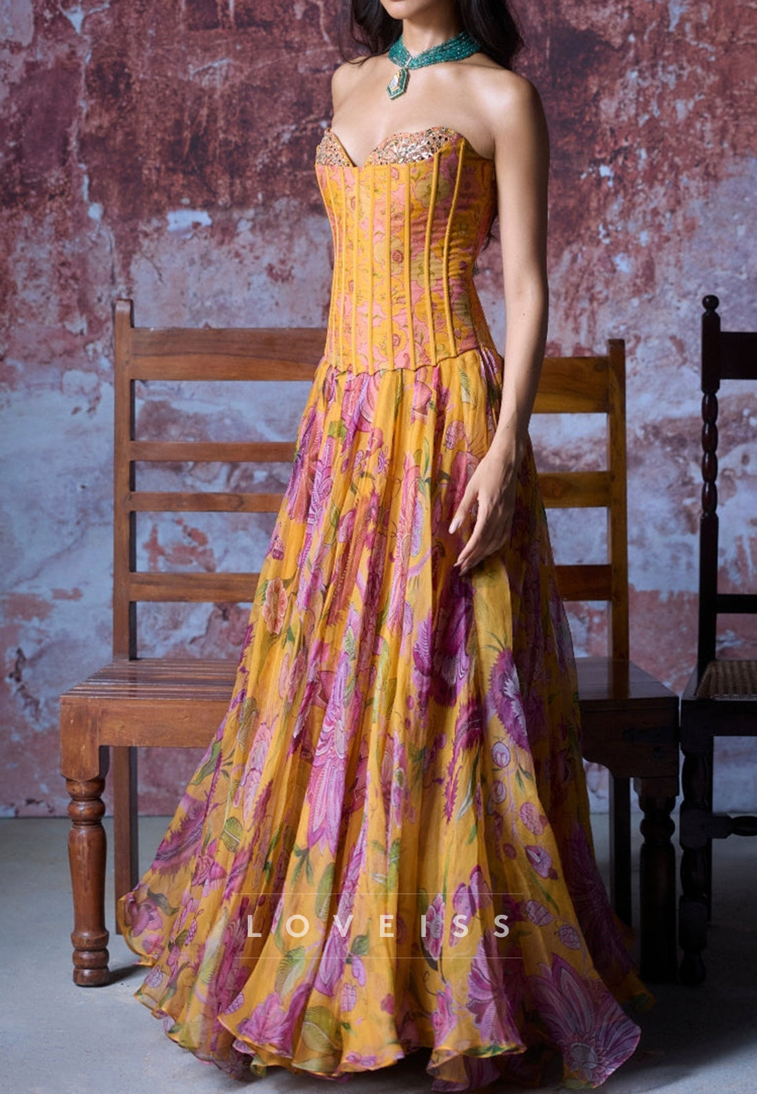 Sweetheart Floral Printed Beaded A-Line Prom Dress