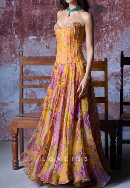Sweetheart Floral Printed Beaded A-Line Prom Dress