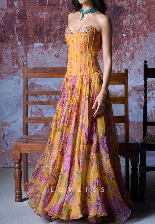 Sweetheart Floral Printed Beaded A-Line Prom Dress