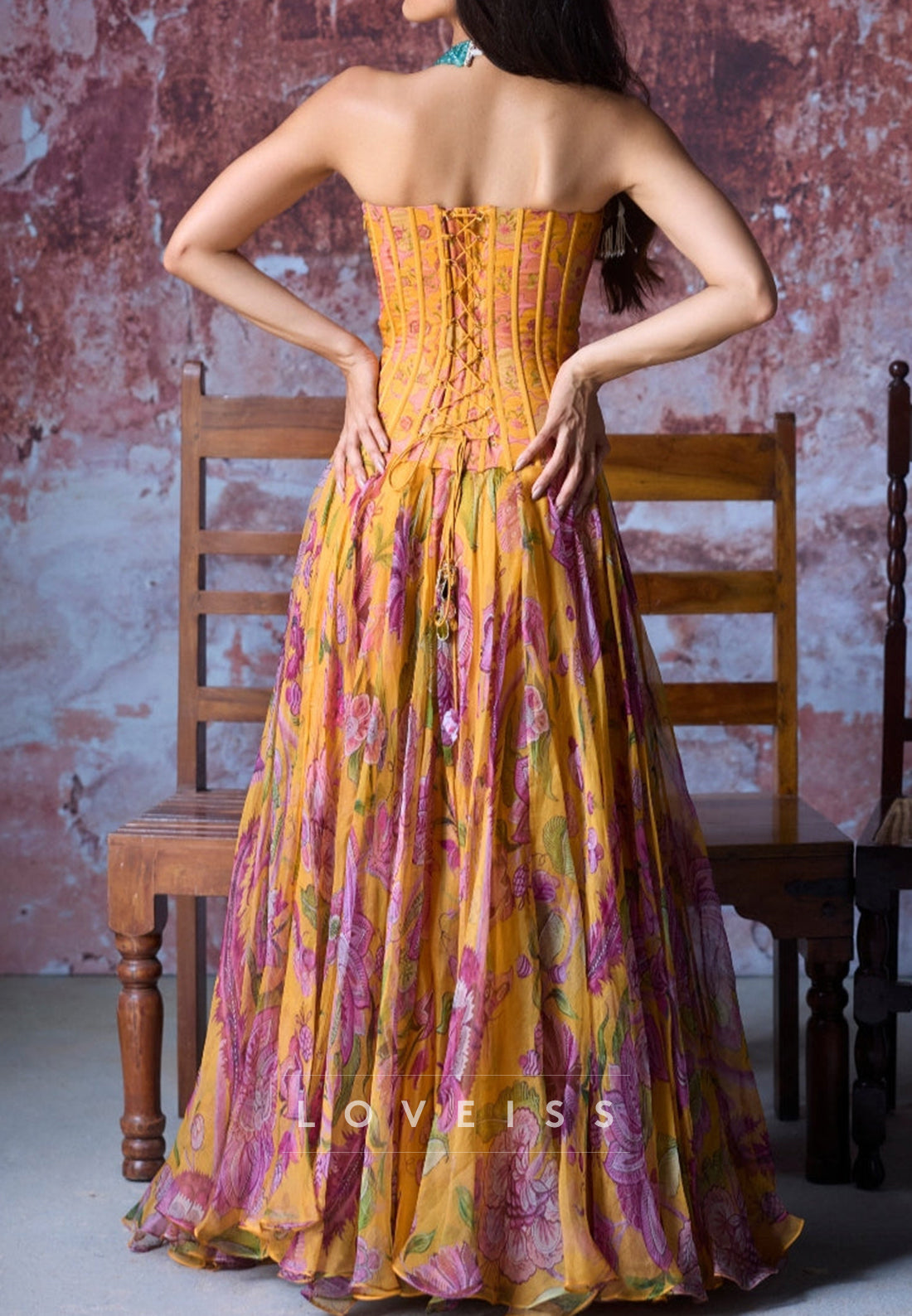 Sweetheart Floral Printed Beaded A-Line Prom Dress