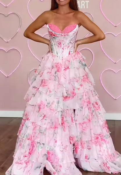 Sweetheart Floral Printed Chiffon A-Line Prom Dress