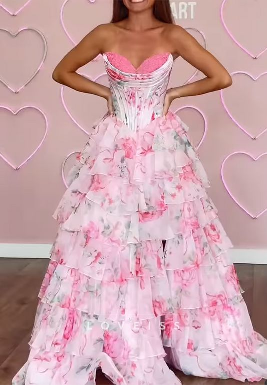 Sweetheart Floral Printed Chiffon A-Line Prom Dress