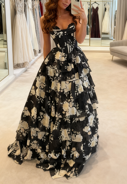 Sweetheart Floral Printed Chiffon A-Line Prom Dress