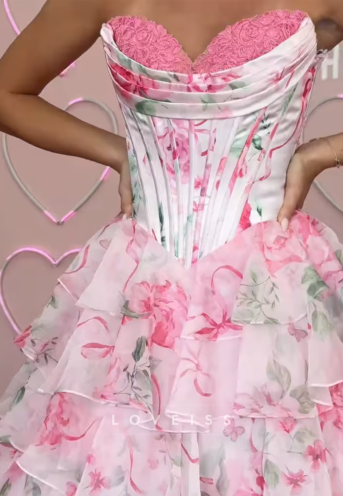 Sweetheart Floral Printed Chiffon A-Line Prom Dress