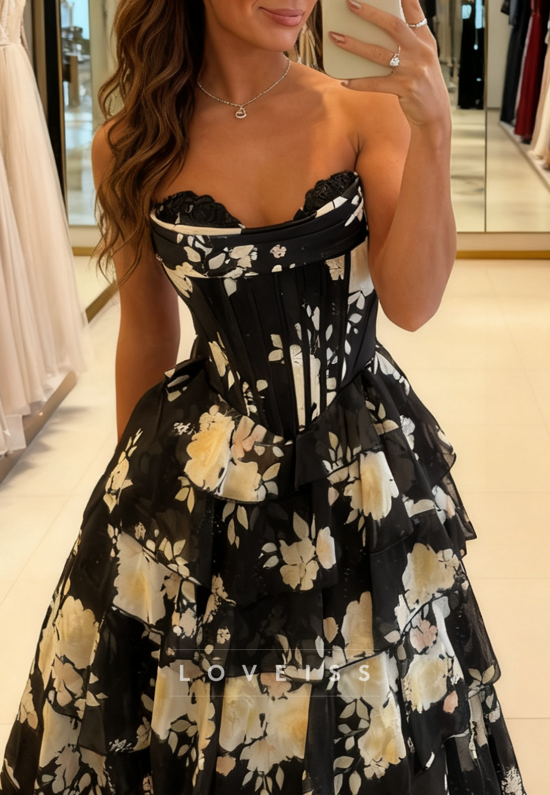 Sweetheart Floral Printed Chiffon A-Line Prom Dress