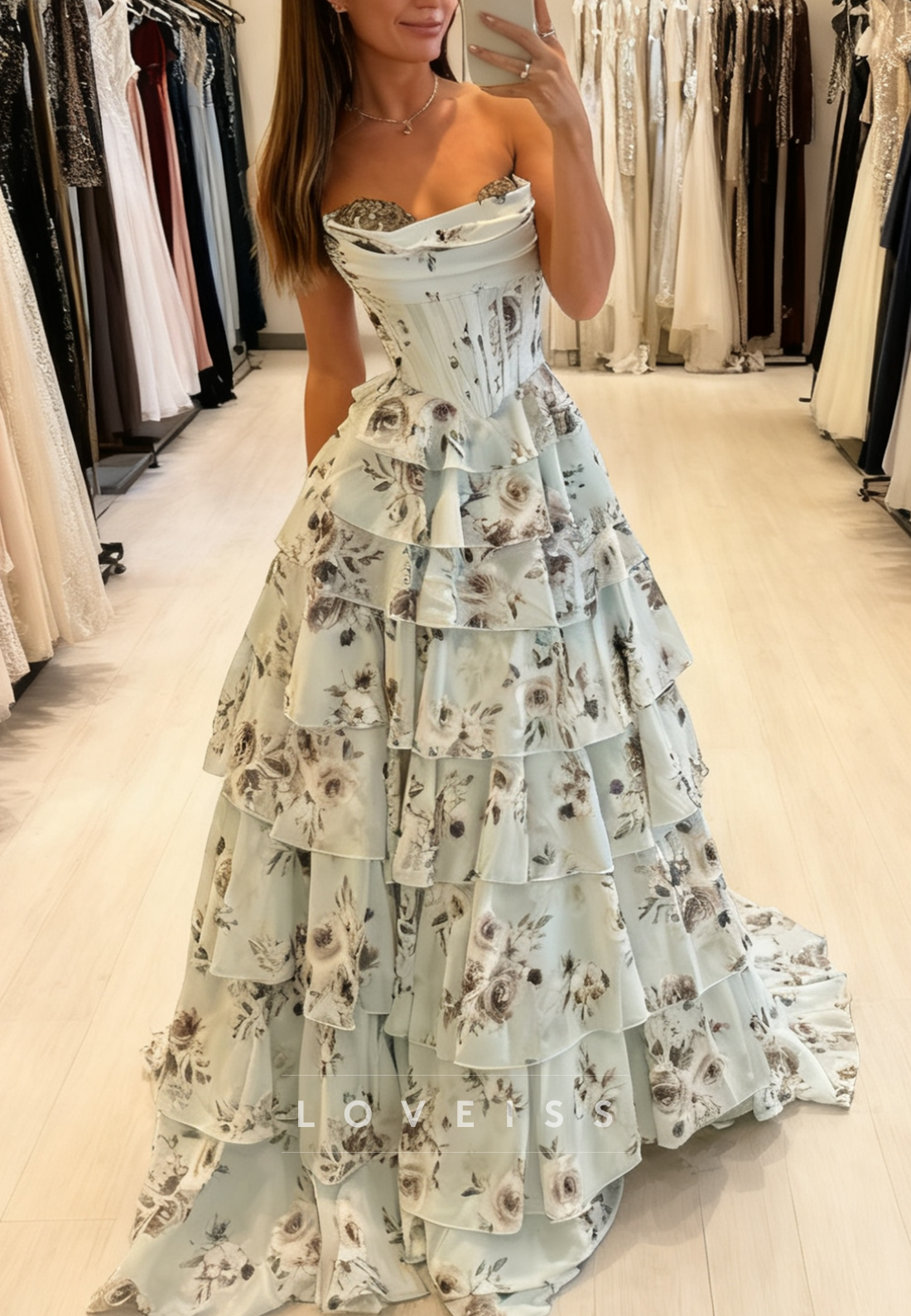 Sweetheart Floral Printed Chiffon A-Line Prom Dress