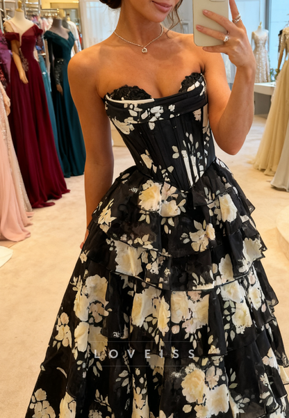 Sweetheart Floral Printed Chiffon A-Line Prom Dress