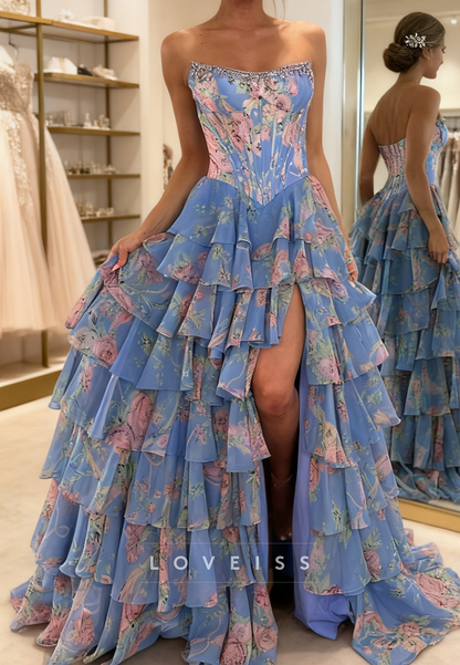 Sweetheart Floral Printed Chiffon Tiered A-Line Prom Dress