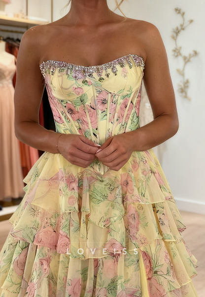 Sweetheart Floral Printed Chiffon Tiered A-Line Prom Dress
