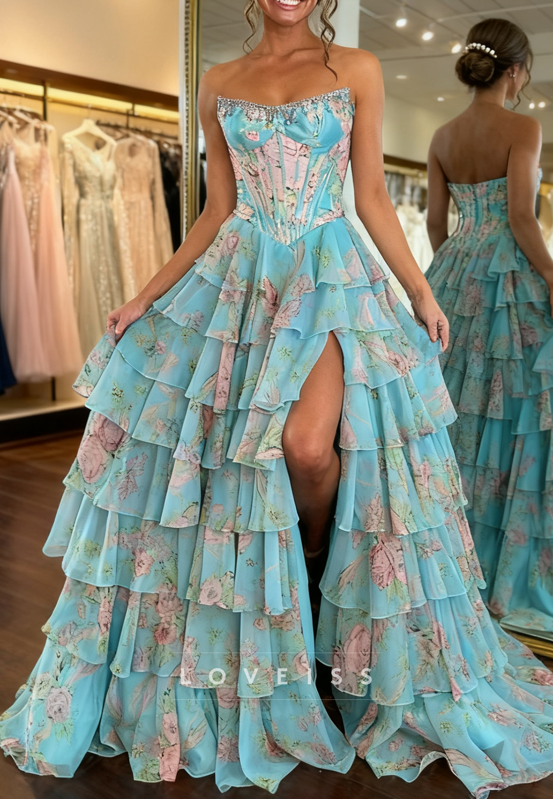 Sweetheart Floral Printed Chiffon Tiered A-Line Prom Dress