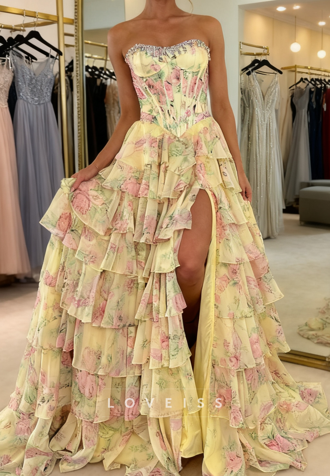 Sweetheart Floral Printed Chiffon Tiered A-Line Prom Dress