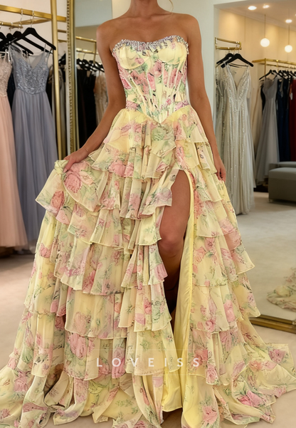 Sweetheart Floral Printed Chiffon Tiered A-Line Prom Dress