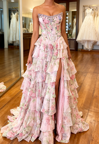 Sweetheart Floral Printed Chiffon Tiered A-Line Prom Dress
