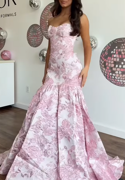 Sweetheart Floral Printed Sleeveless Mermaid Prom Dress