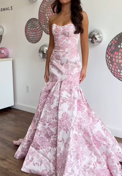 Sweetheart Floral Printed Sleeveless Mermaid Prom Dress