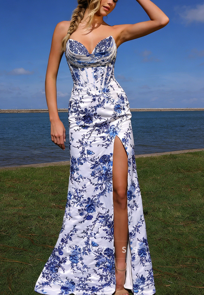 Sweetheart Floral Printed Sleeveless Sheath Prom Dress