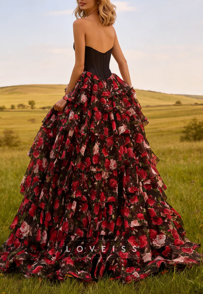 Sweetheart Floral Printed Tiered A-Line Prom Dress