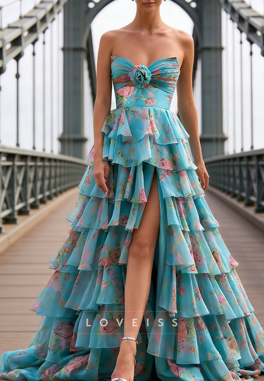 Sweetheart Floral Printed Tiered A-Line Prom Dress