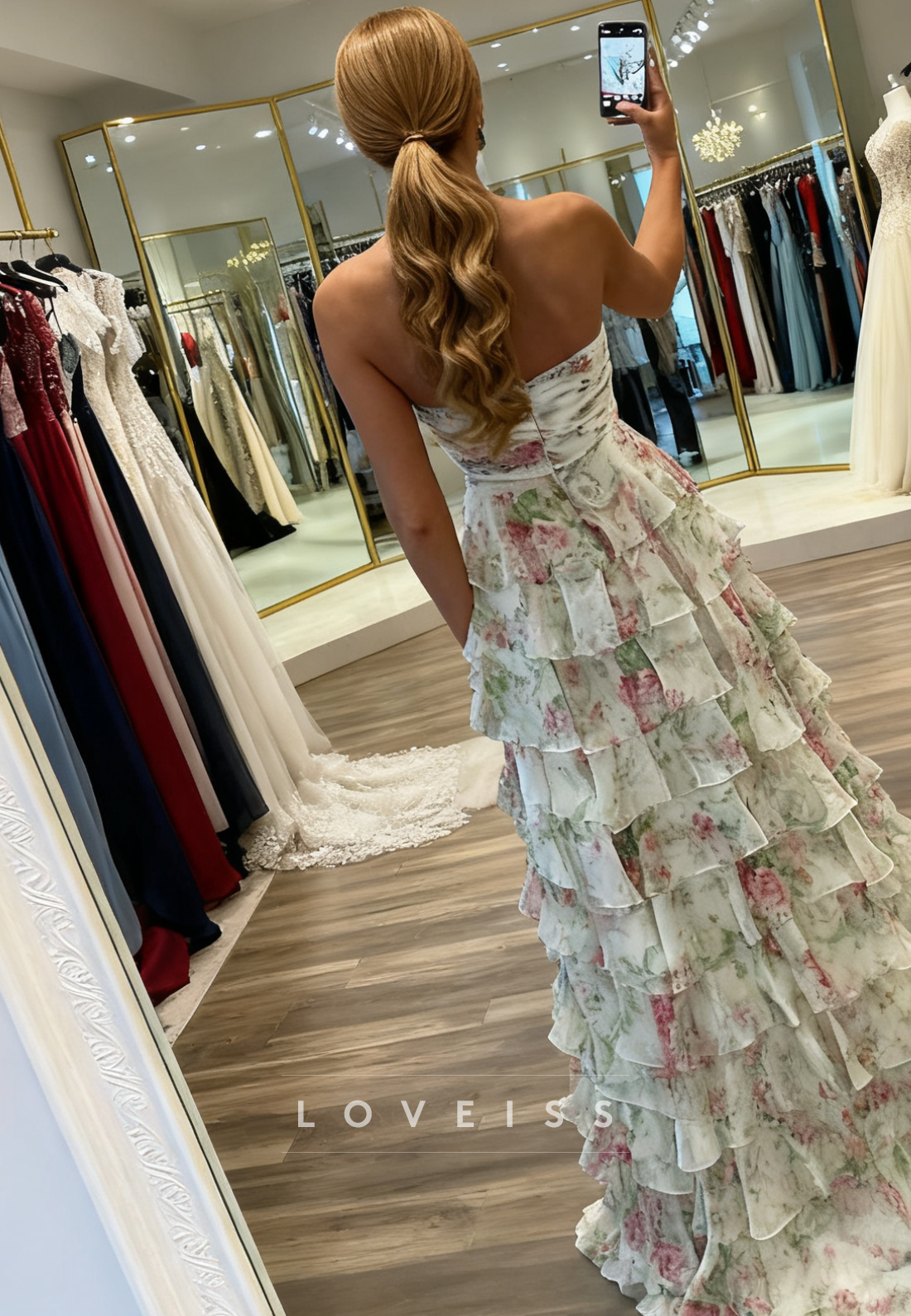 Sweetheart Floral Printed Tiered Chiffon Prom Dress