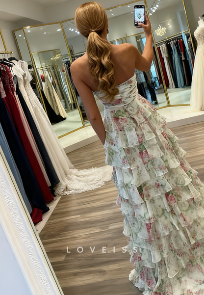 Sweetheart Floral Printed Tiered Chiffon Prom Dress