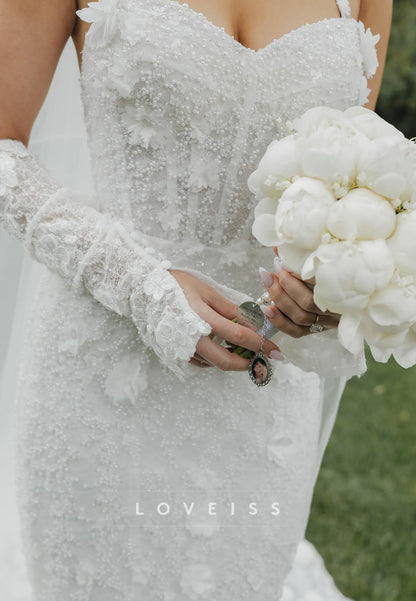 Sweetheart Halter Floral Embellished Beaded Mermaid Wedding Dress