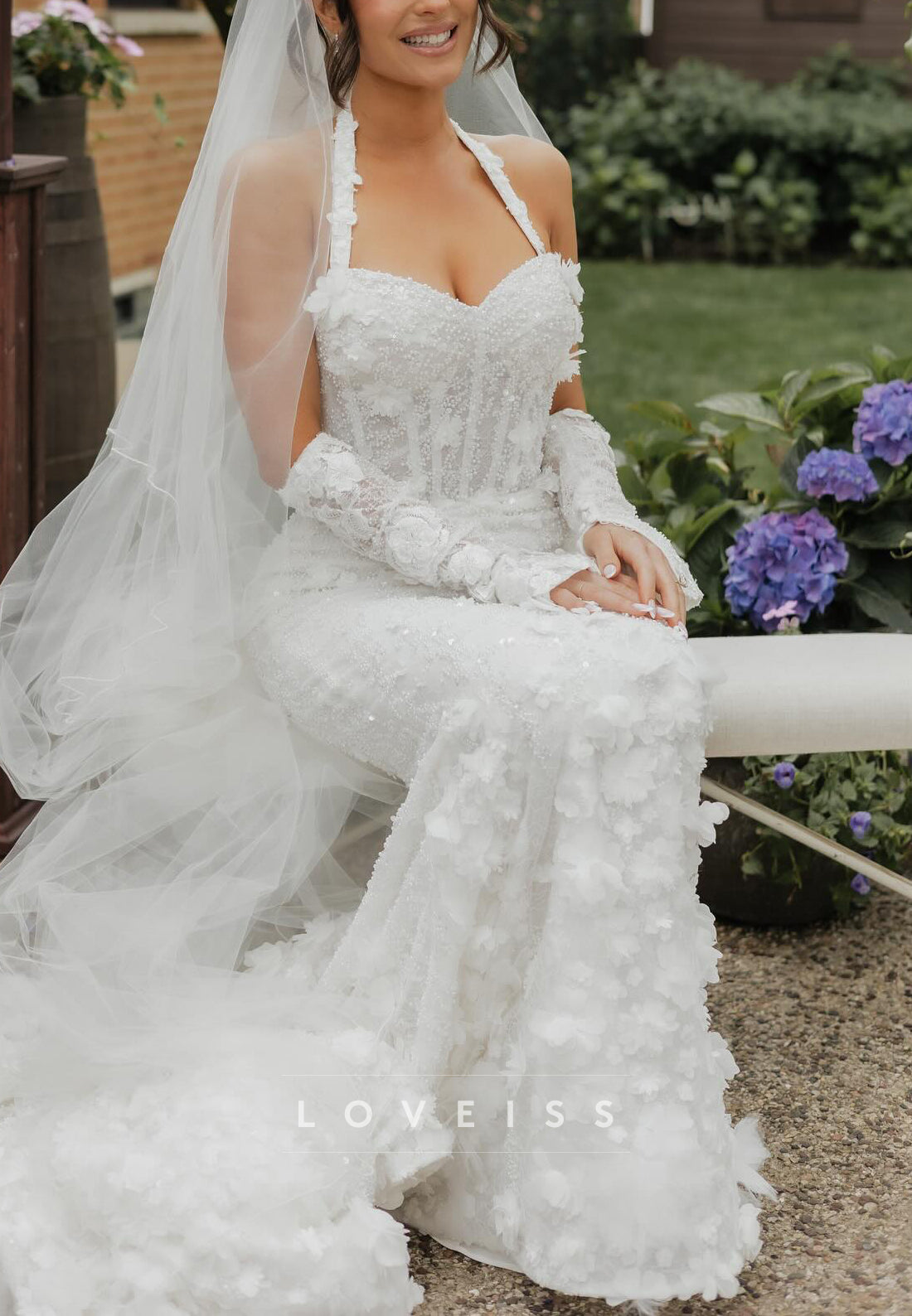 Sweetheart Halter Floral Embellished Beaded Mermaid Wedding Dress
