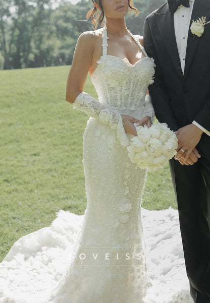 Sweetheart Halter Floral Embellished Beaded Mermaid Wedding Dress