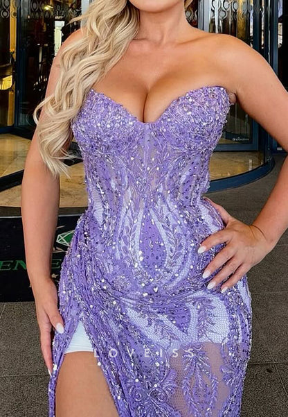 Sweetheart High Slit Appliques Sheath Prom Dress