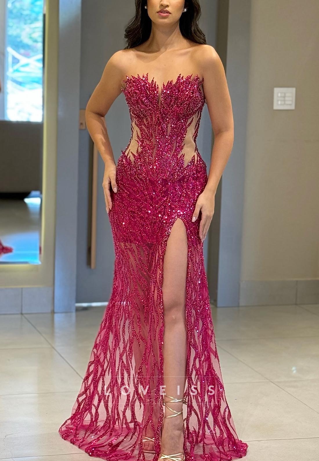 Sweetheart Illusion Beaded Sparkly Sheath Prom Dress