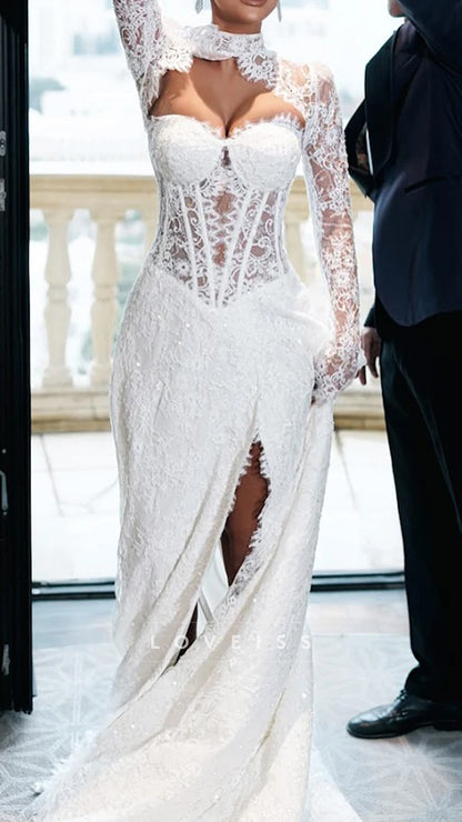 Sweetheart Lace Appliques A-Line Long Sleeves Wedding Dress