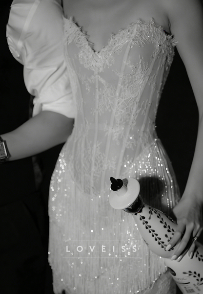 Sweetheart Lace Appliques Beaded Fringe A-Line Short Wedding Dress