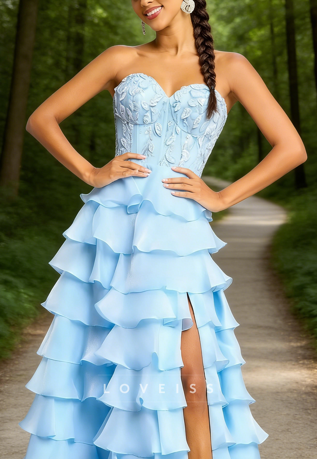 Sweetheart Lace Appliques Chiffon Tiered A-Line Prom Dress