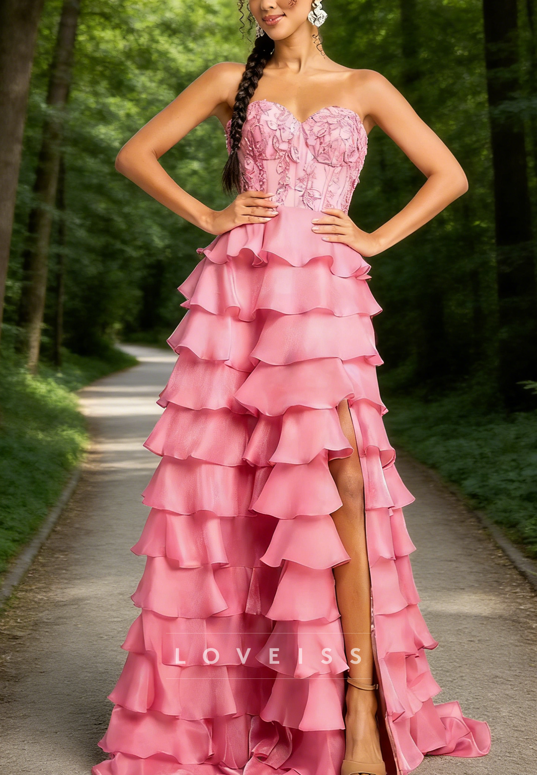 Sweetheart Lace Appliques Chiffon Tiered A-Line Prom Dress