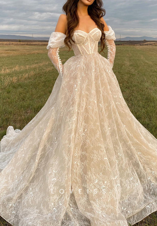 Sweetheart Lace Appliques Long Sleeves A-Line Wedding Dress