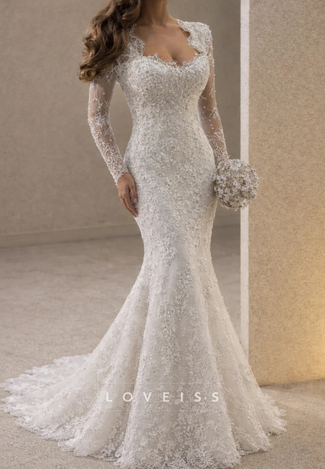 Sweetheart Lace Appliques Long Sleeves Mermaid Wedding Dress