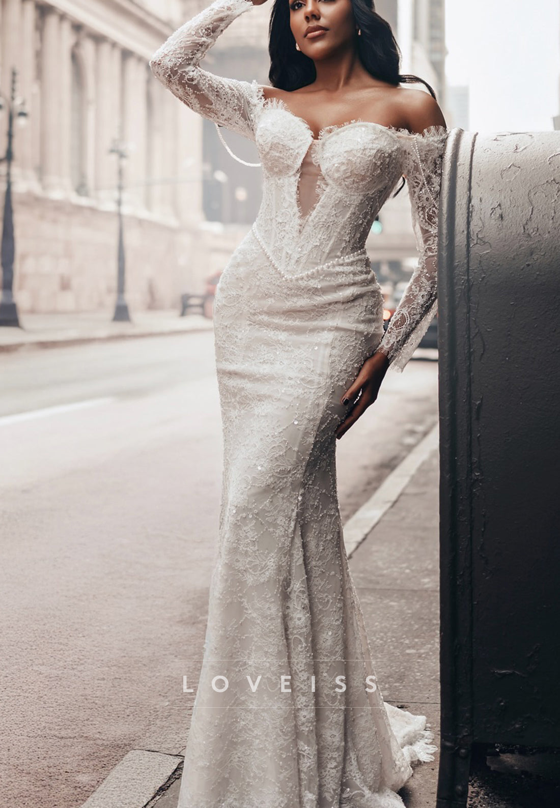 Sweetheart Lace Appliques Mermaid Long Sleeves Wedding Dress