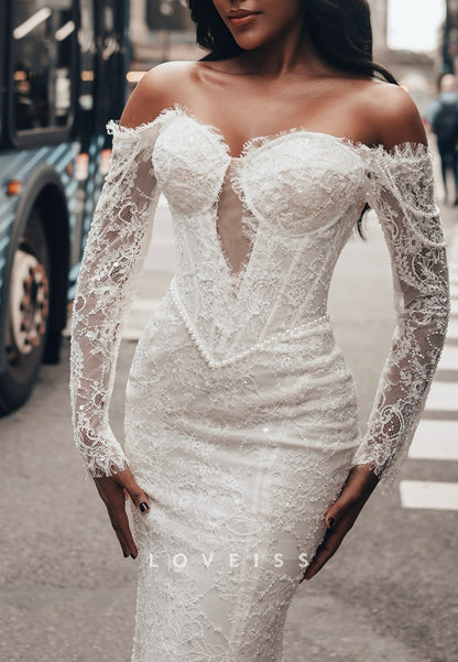 Sweetheart Lace Appliques Mermaid Long Sleeves Wedding Dress