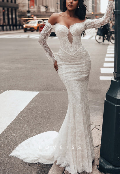 Sweetheart Lace Appliques Mermaid Long Sleeves Wedding Dress