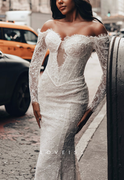 Sweetheart Lace Appliques Mermaid Long Sleeves Wedding Dress