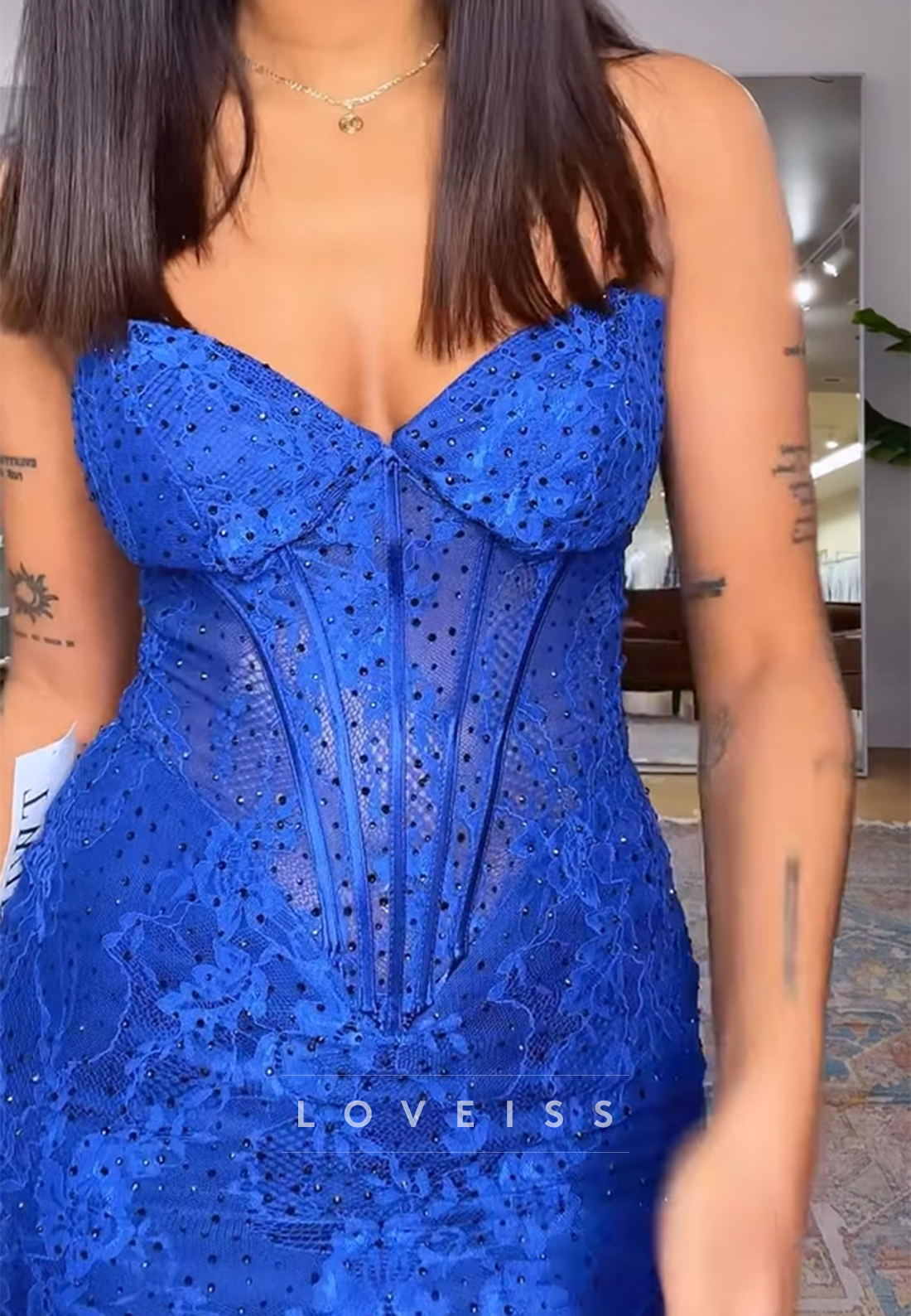 Sweetheart Lace Appliques Sparkly Mermaid Prom Dress