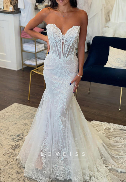 Sweetheart Lace Appliques Tulle Sleeveless Mermaid Wedding Dress