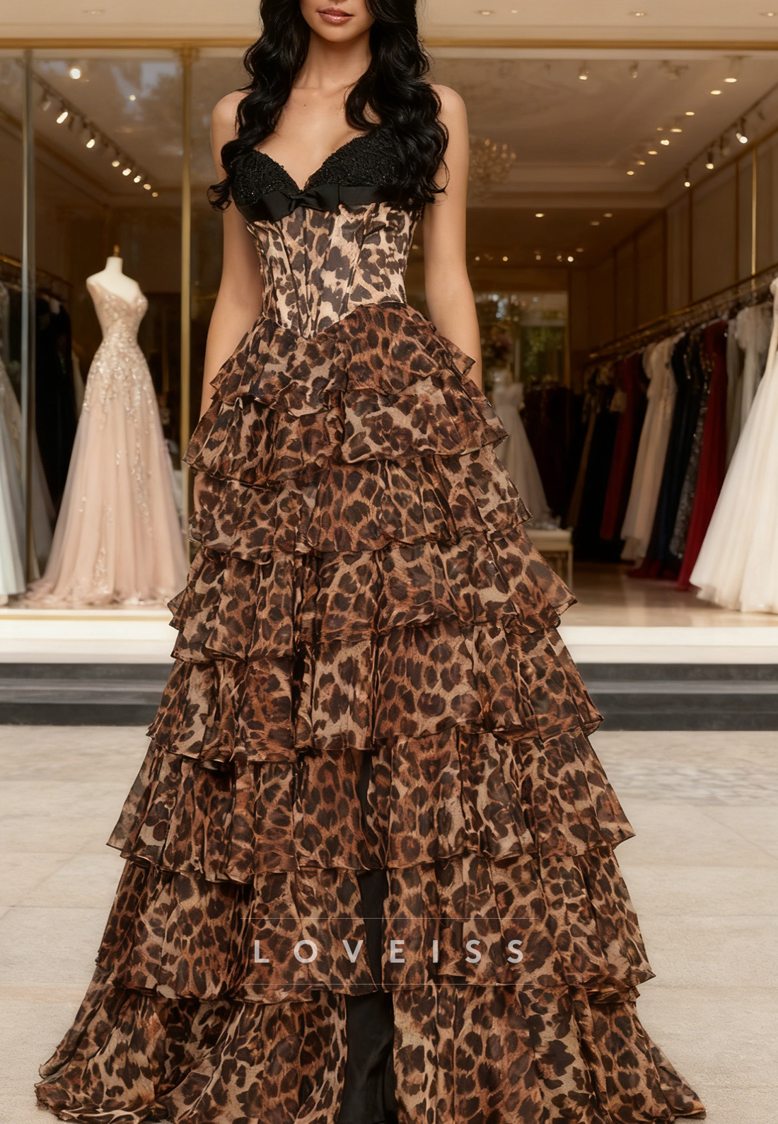 Sweetheart Leopard Printed Chiffon Tiered A-Line Prom Dress